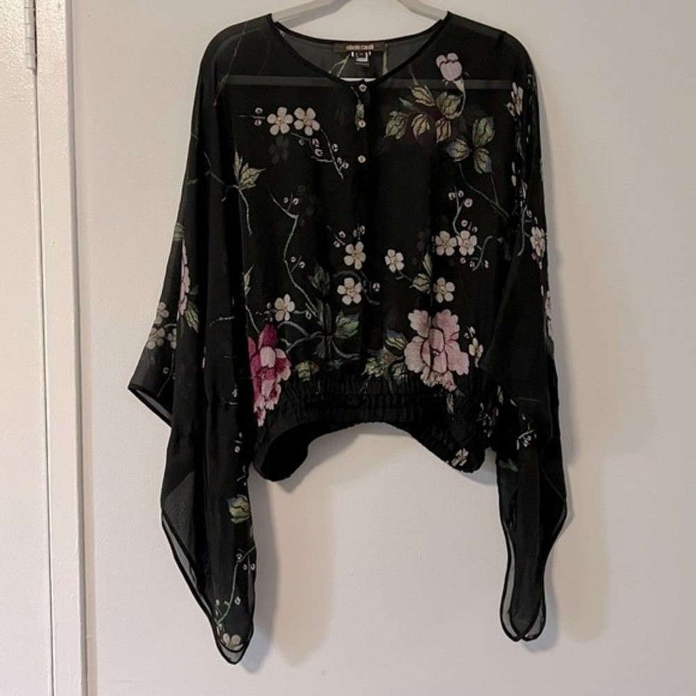 ROBERTO CAVALLI Butterfly Sleeve Floral Blouson Top